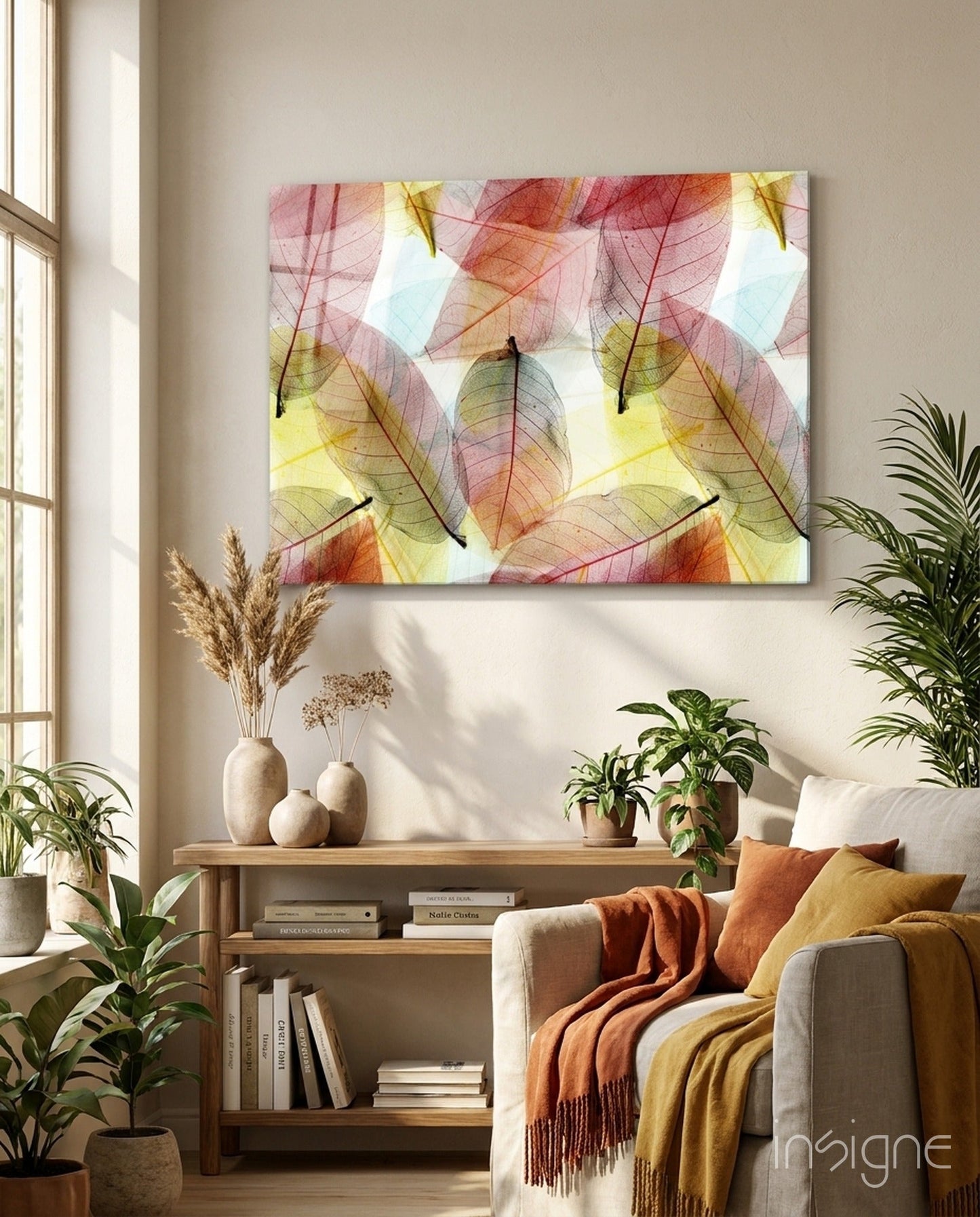 Backlit Sheer Autumn Leaf Layers Glass Wall Art