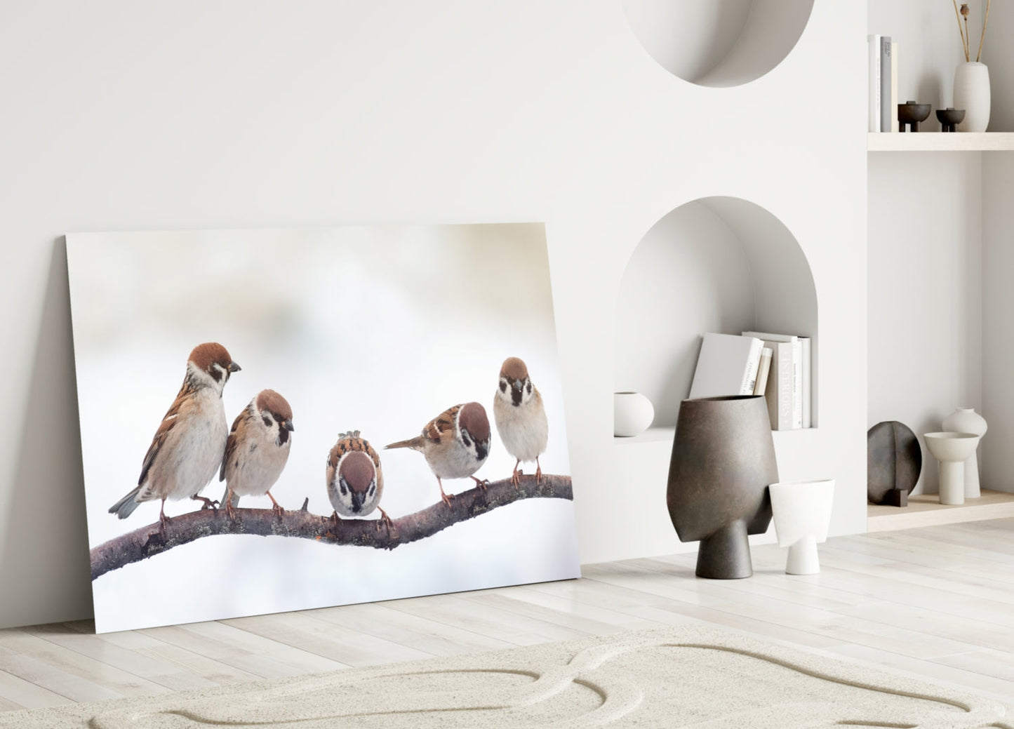 Five Sparrows Perched On Branch Glass Wall Art