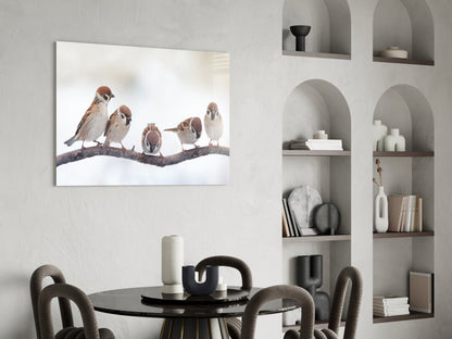 Five Sparrows Perched On Branch Glass Wall Art