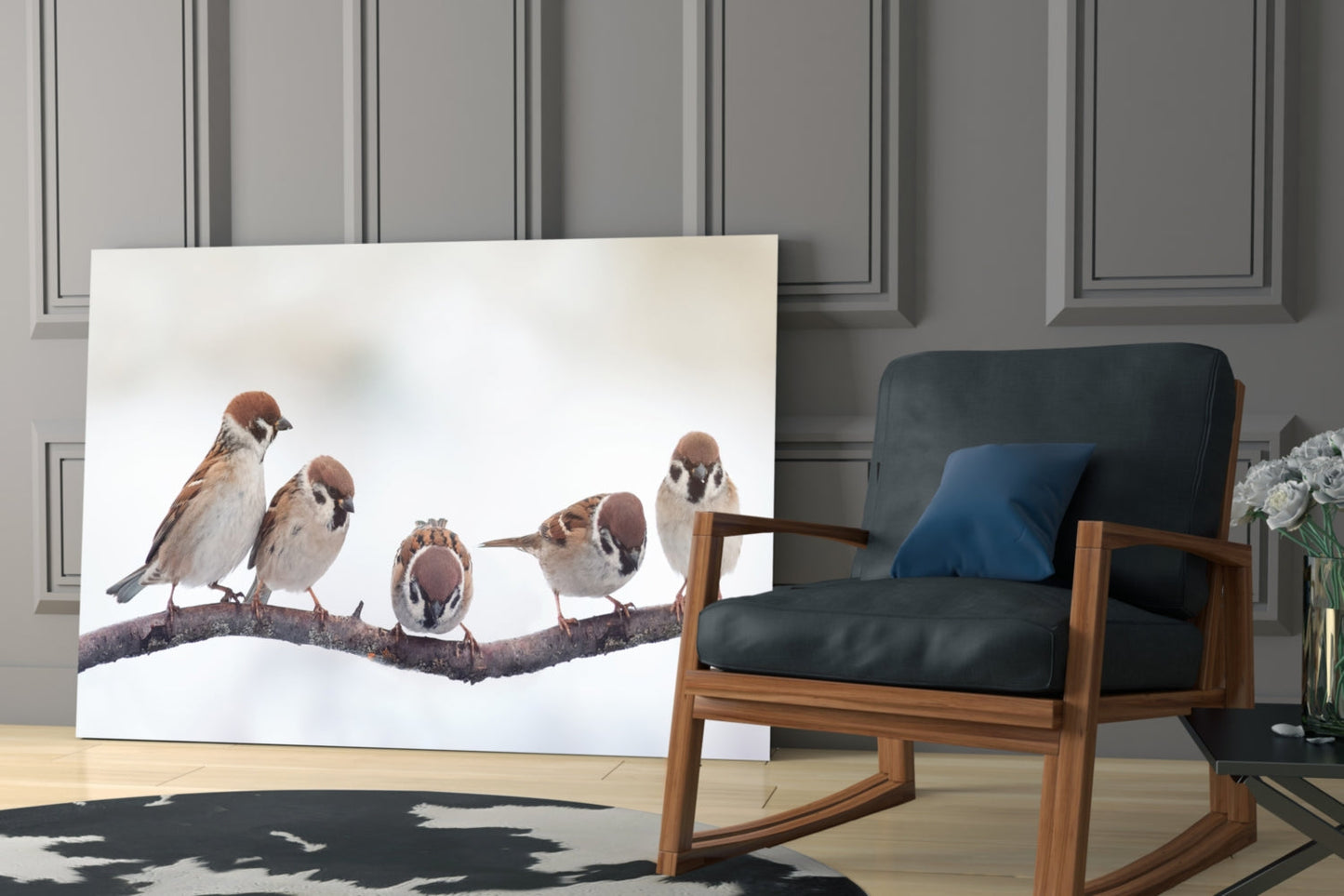 Five Sparrows Perched On Branch Glass Wall Art