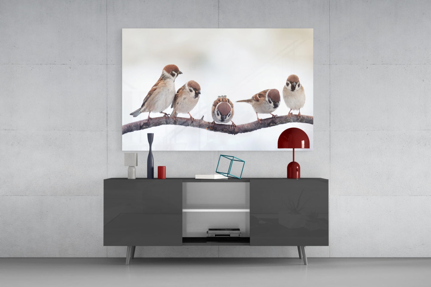 Five Sparrows Perched On Branch Glass Wall Art