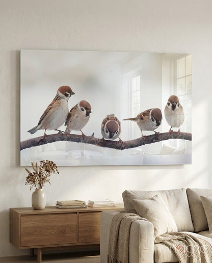 Five Sparrows Perched On Branch Glass Wall Art