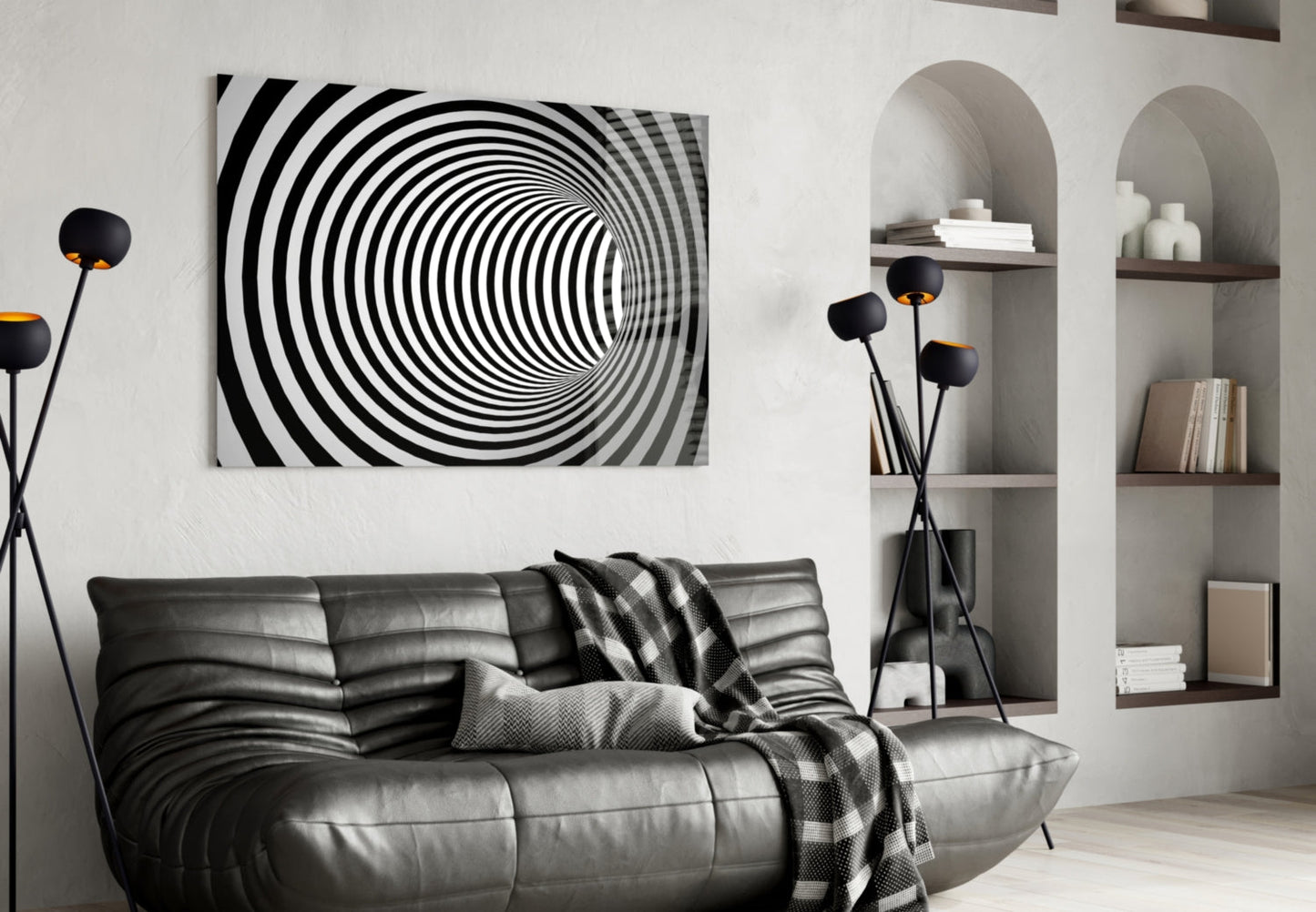 Wide Black And White Wormhole Illusion Glass Wall Art