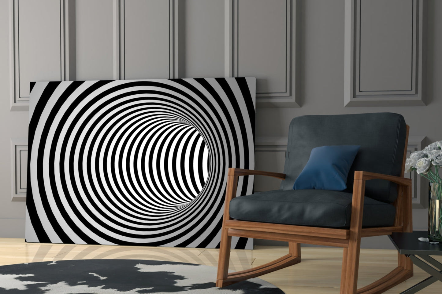 Wide Black And White Wormhole Illusion Glass Wall Art