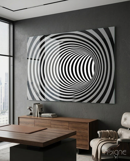 Wide Black And White Wormhole Illusion Glass Wall Art