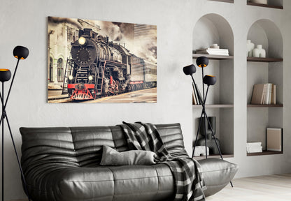 Red Steam Train At Sepia Station Glass Wall Art