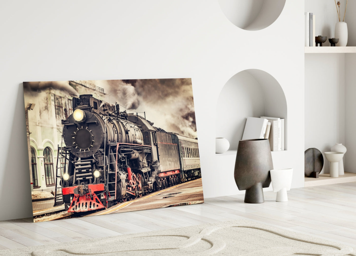 Red Steam Train At Sepia Station Glass Wall Art