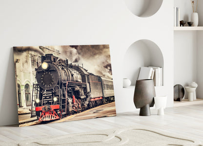 Red Steam Train At Sepia Station Glass Wall Art