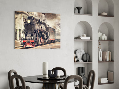 Red Steam Train At Sepia Station Glass Wall Art