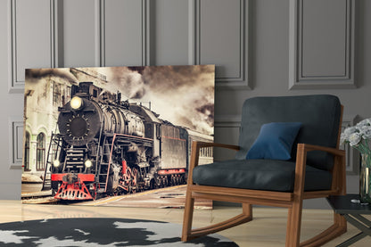Red Steam Train At Sepia Station Glass Wall Art