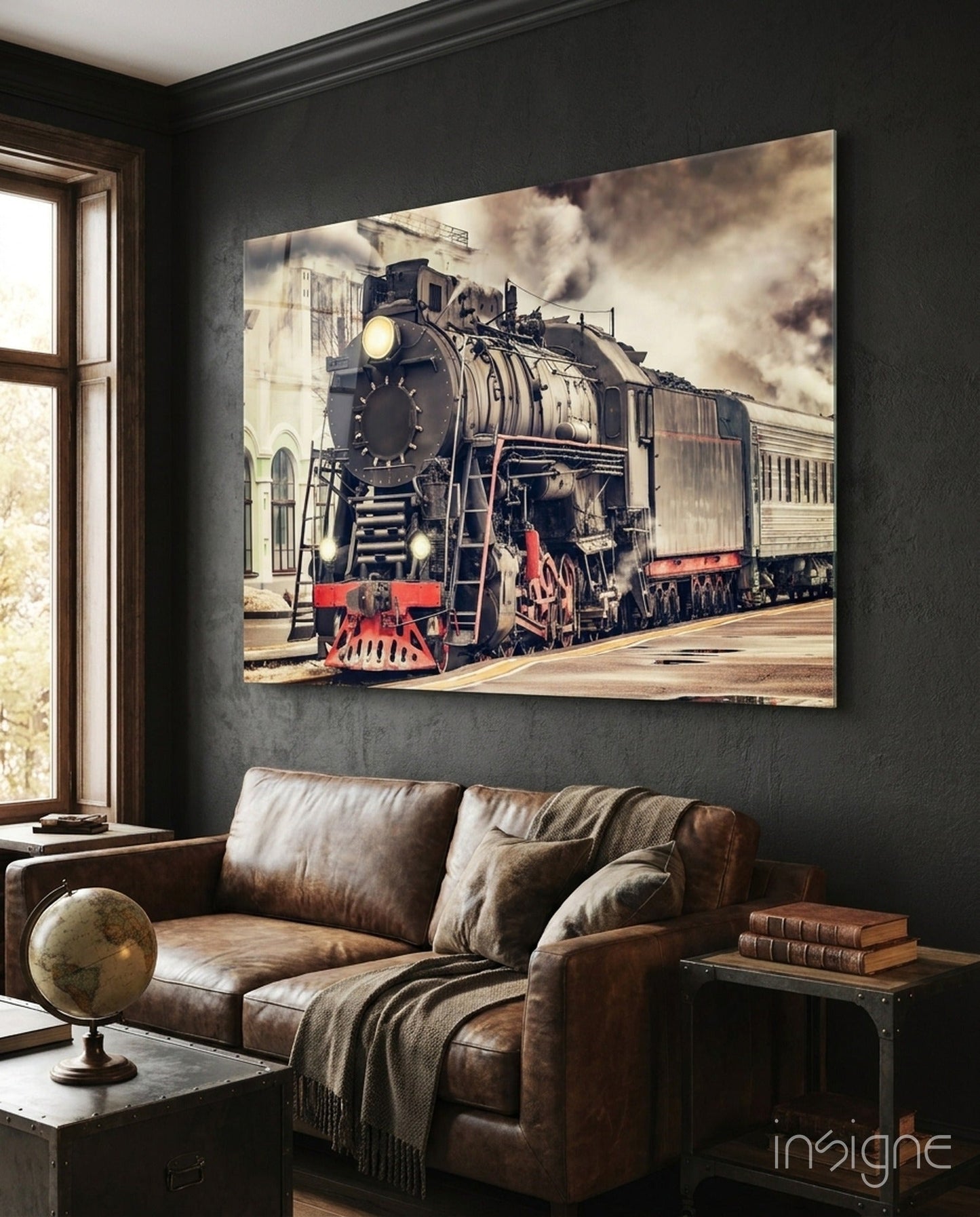 Red Steam Train At Sepia Station Glass Wall Art