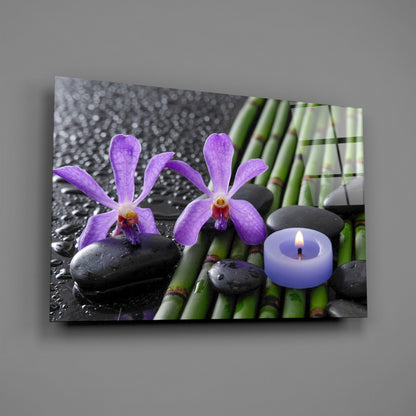 Purple Orchids Bamboo Candle Glass Wall Art