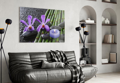 Purple Orchids Bamboo Candle Glass Wall Art