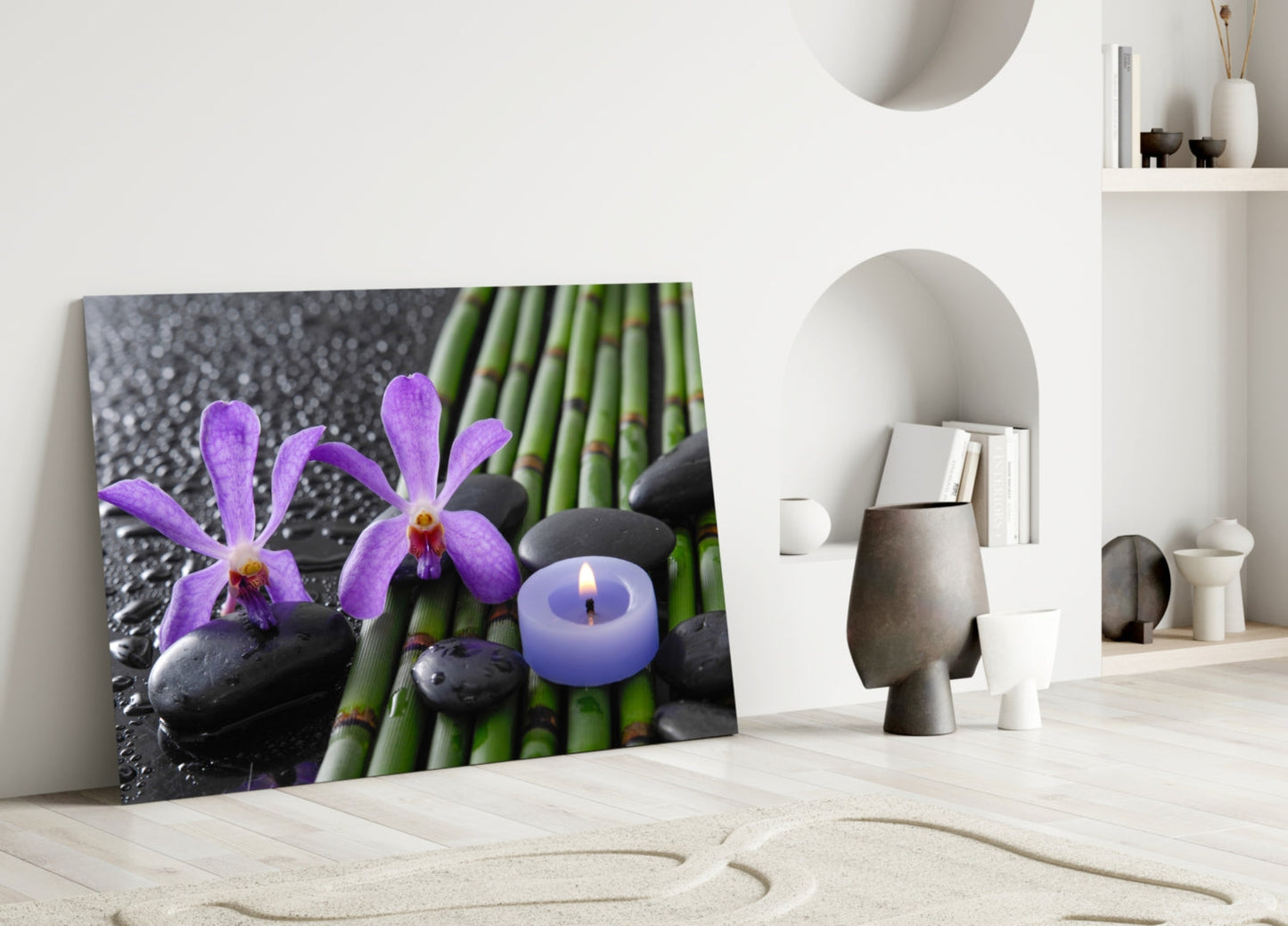Purple Orchids Bamboo Candle Glass Wall Art