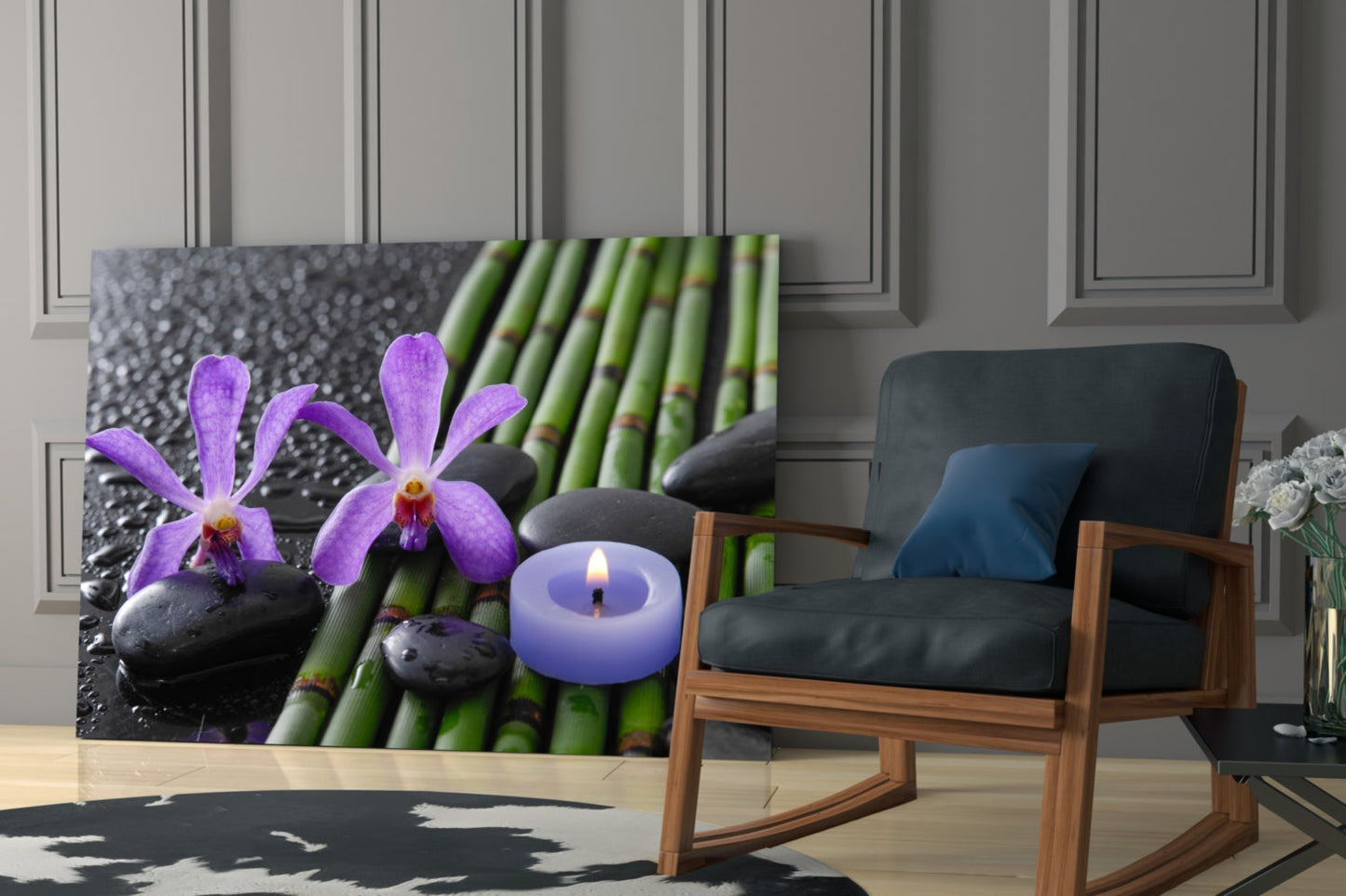 Purple Orchids Bamboo Candle Glass Wall Art
