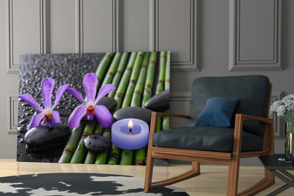 Purple Orchids Bamboo Candle Glass Wall Art