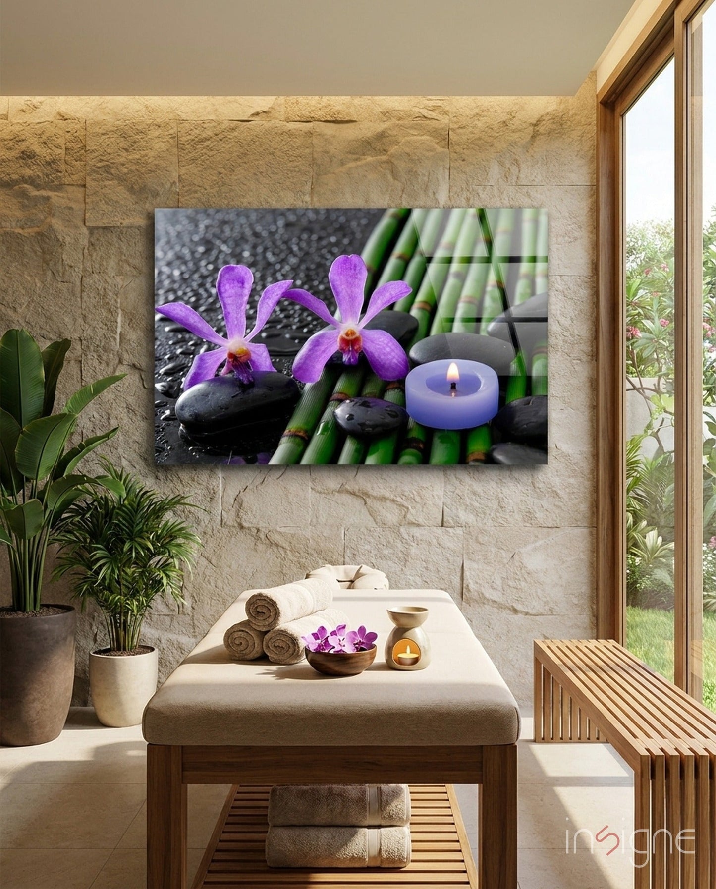 Purple Orchids Bamboo Candle Glass Wall Art