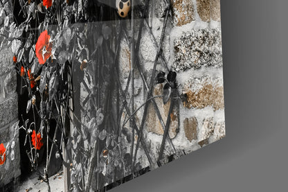 Red Roses Over Gray Stone Alley Glass Wall Art