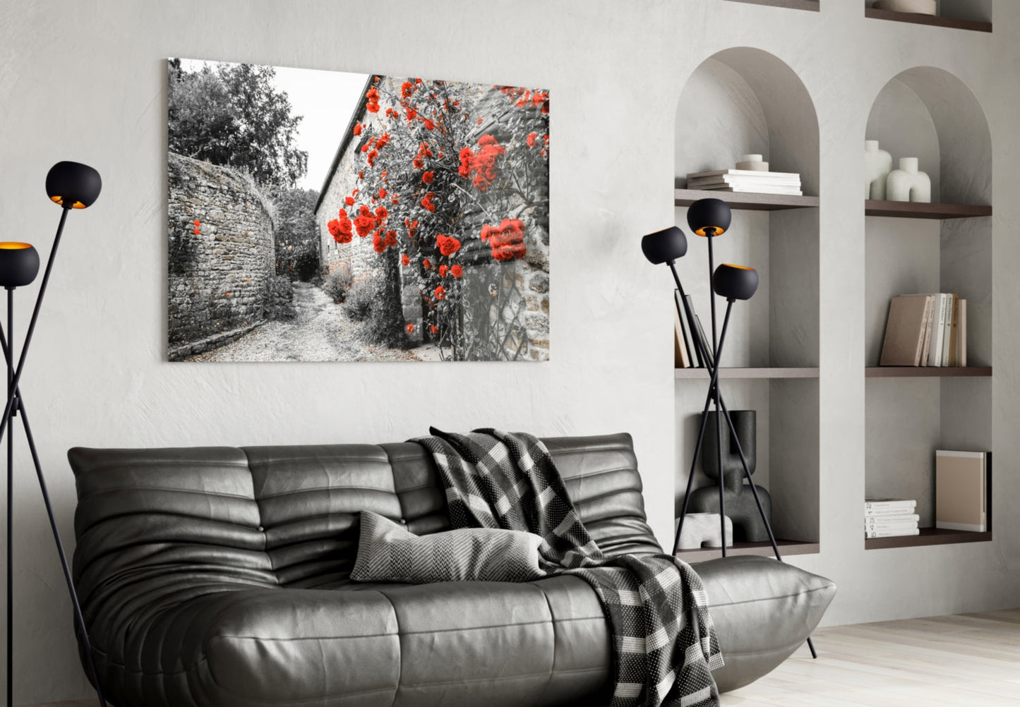 Red Roses Over Gray Stone Alley Glass Wall Art