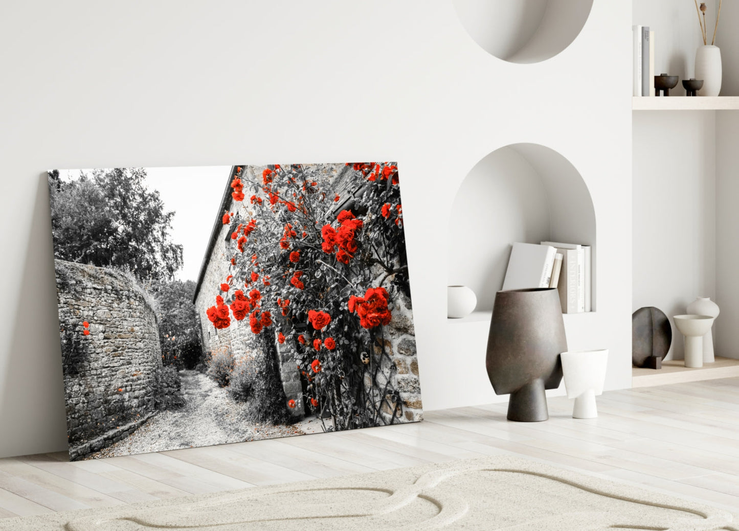 Red Roses Over Gray Stone Alley Glass Wall Art