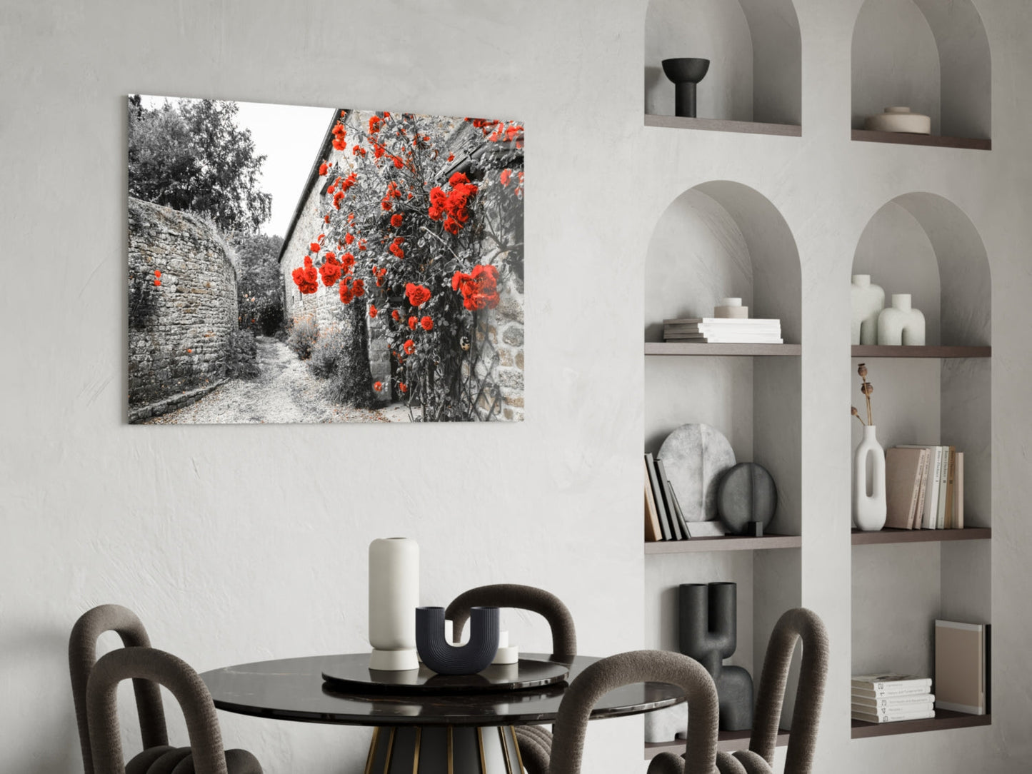 Red Roses Over Gray Stone Alley Glass Wall Art