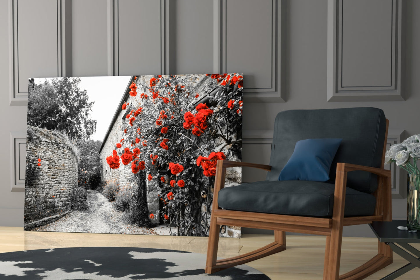 Red Roses Over Gray Stone Alley Glass Wall Art