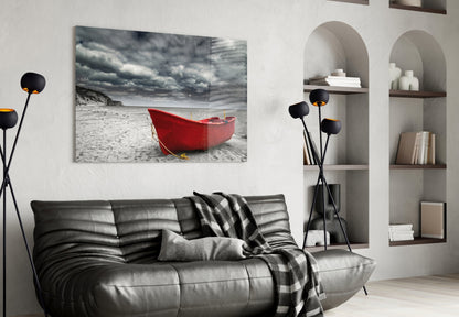 Scarlet Boat Under Dark Clouds Glass Wall Art