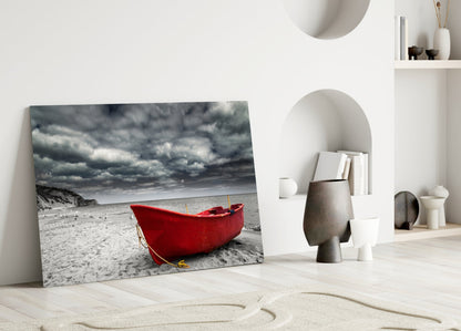 Scarlet Boat Under Dark Clouds Glass Wall Art