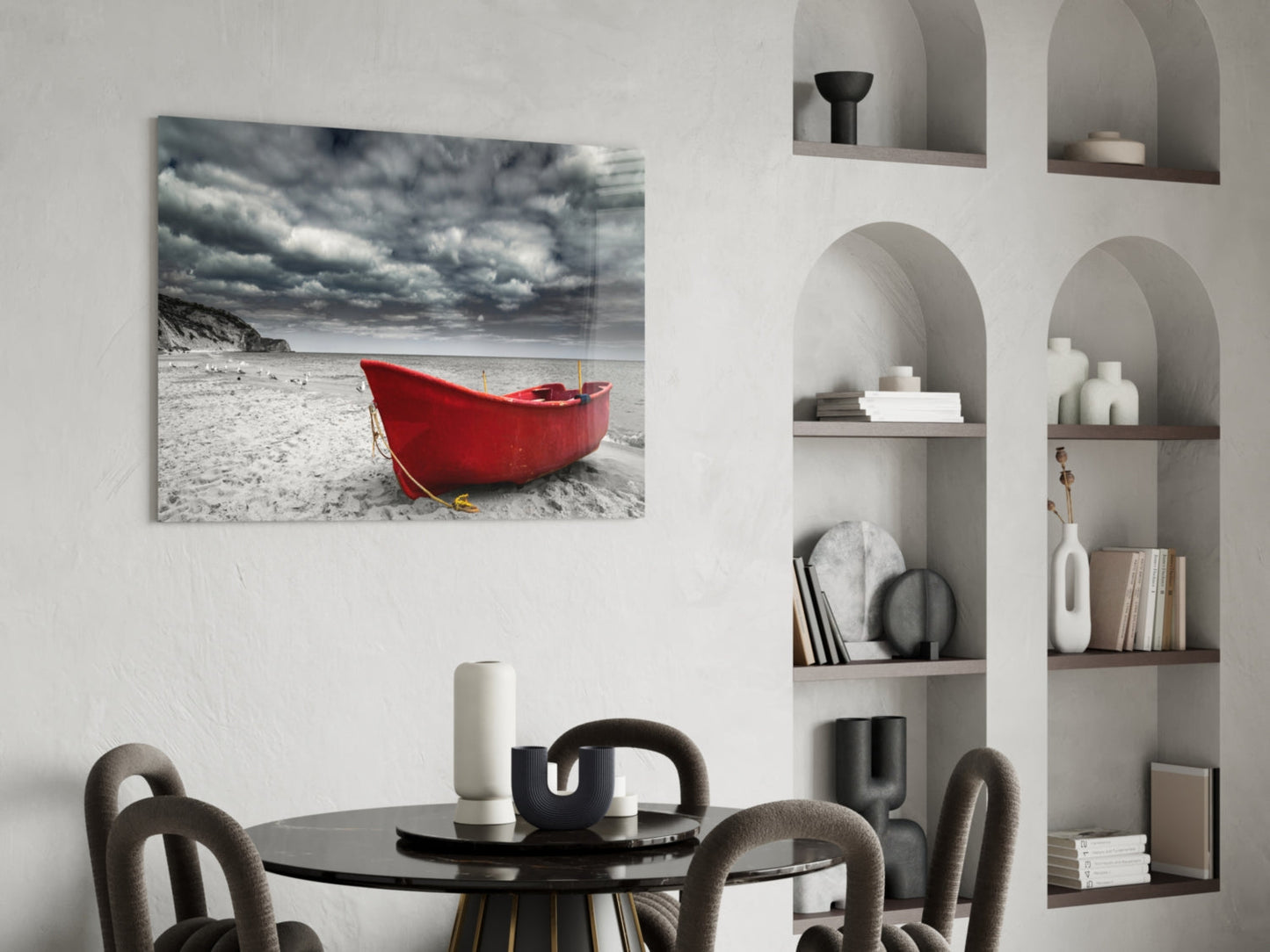 Scarlet Boat Under Dark Clouds Glass Wall Art