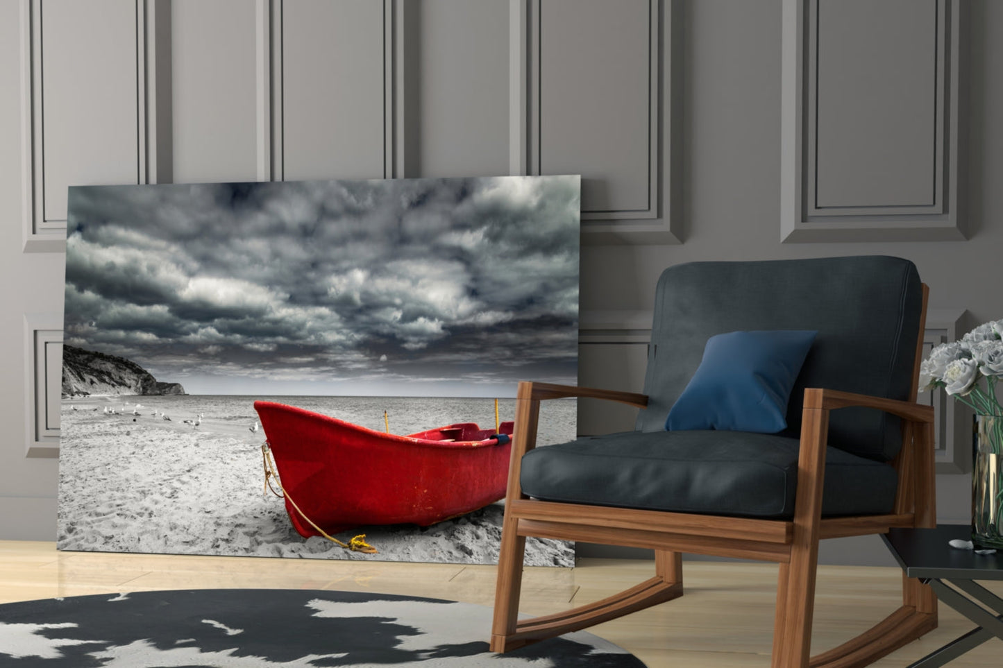 Scarlet Boat Under Dark Clouds Glass Wall Art