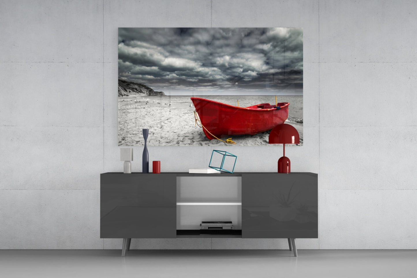 Scarlet Boat Under Dark Clouds Glass Wall Art
