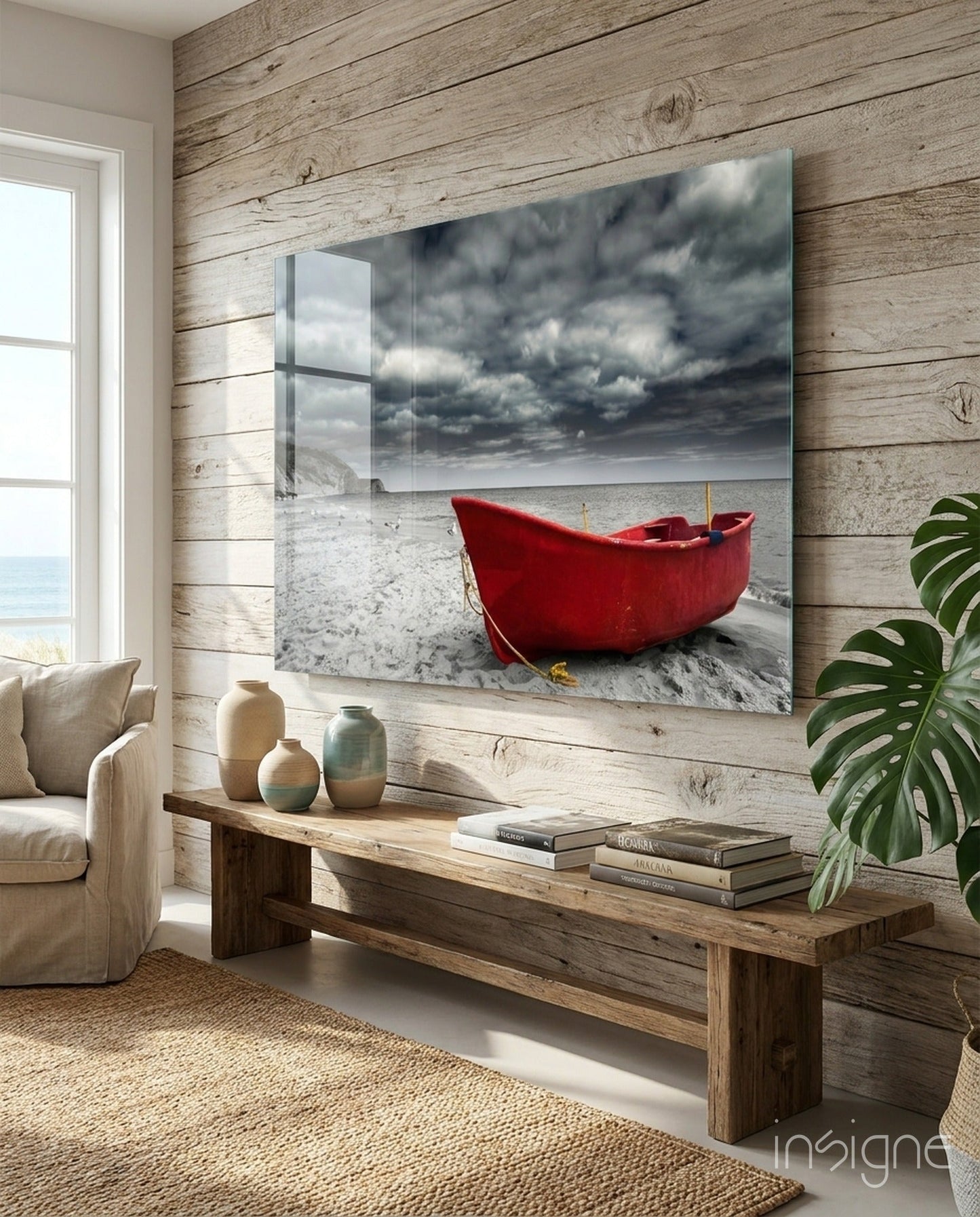 Scarlet Boat Under Dark Clouds Glass Wall Art