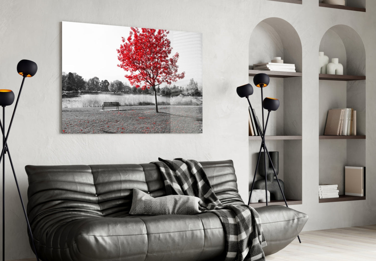 Lone Red Tree Bench Glass Wall Art