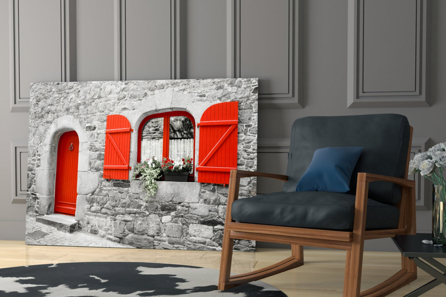 Red Door Glass Wall Art displayed leaning against paneled wall next to wooden chair with black leather cushion.