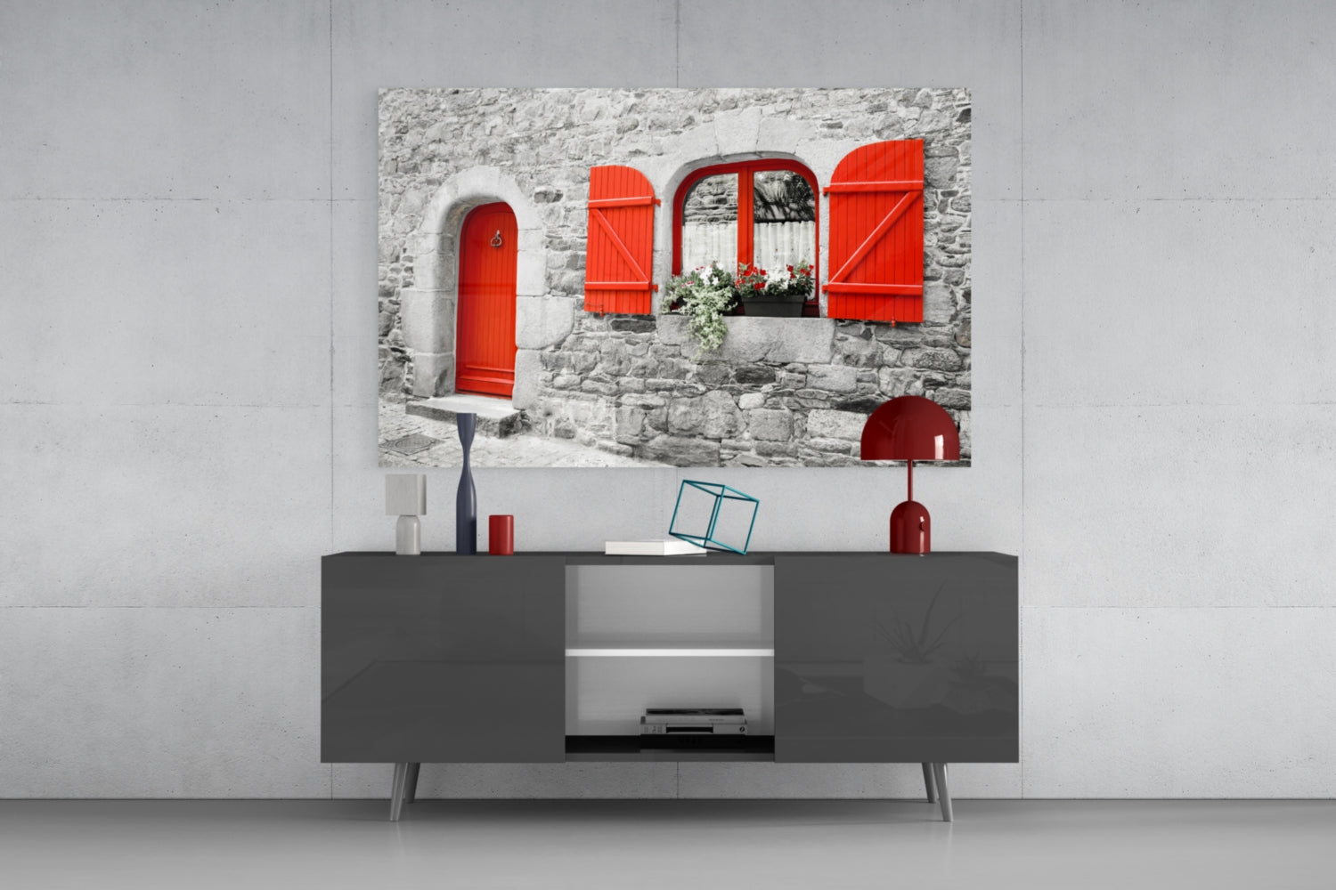 Red Door Glass Wall Art displayed above a dark grey media console in a modern living room setting with white walls.