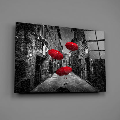 Three Red Umbrellas Rainy Alley Glass Wall Art