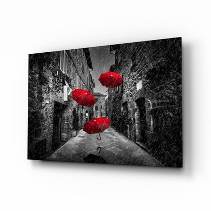 Three Red Umbrellas Rainy Alley Glass Wall Art