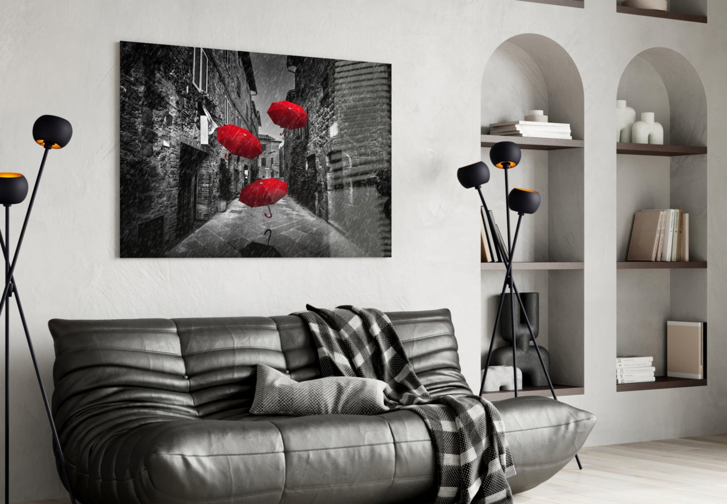 Three Red Umbrellas Rainy Alley Glass Wall Art