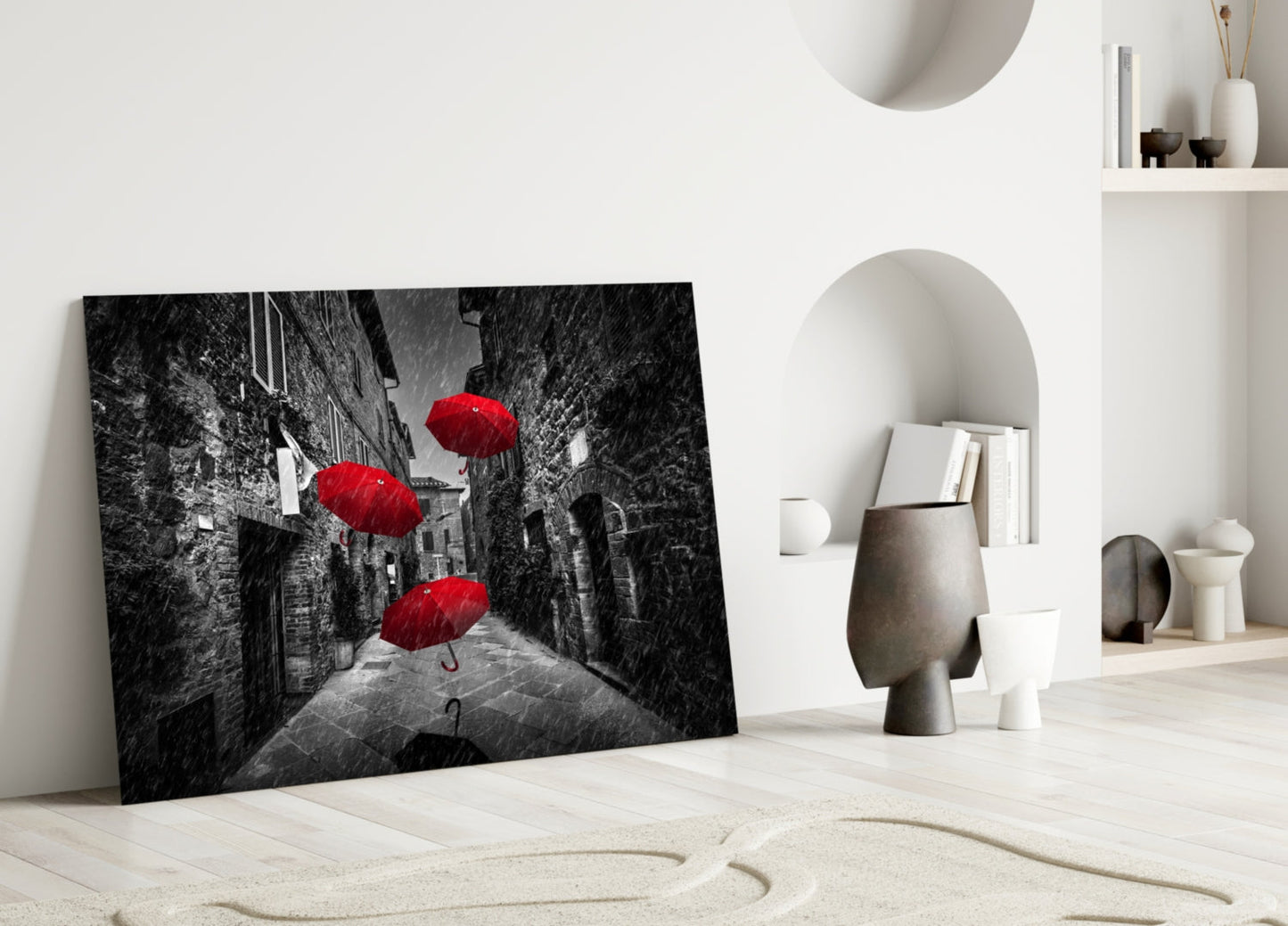 Three Red Umbrellas Rainy Alley Glass Wall Art