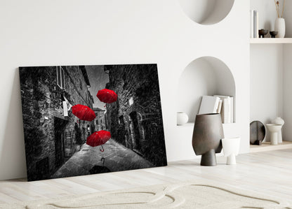Three Red Umbrellas Rainy Alley Glass Wall Art