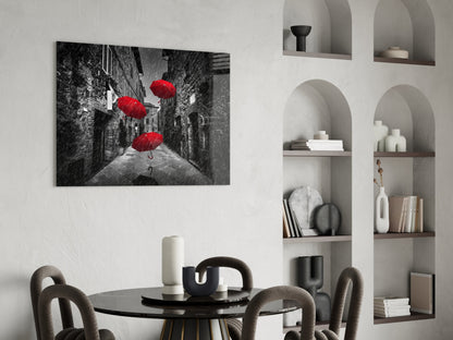 Three Red Umbrellas Rainy Alley Glass Wall Art