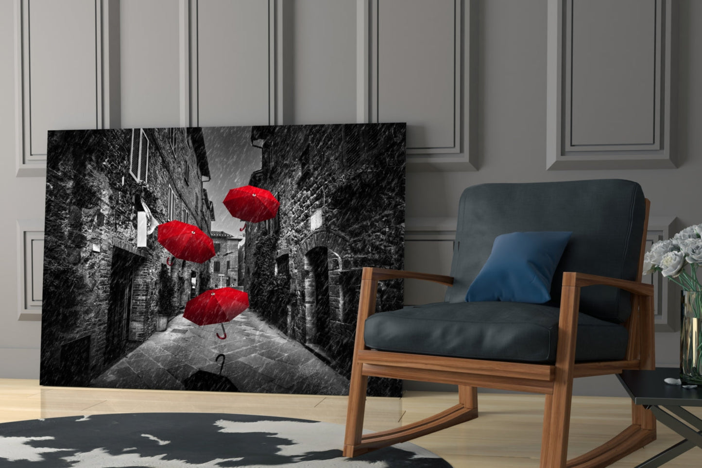 Three Red Umbrellas Rainy Alley Glass Wall Art