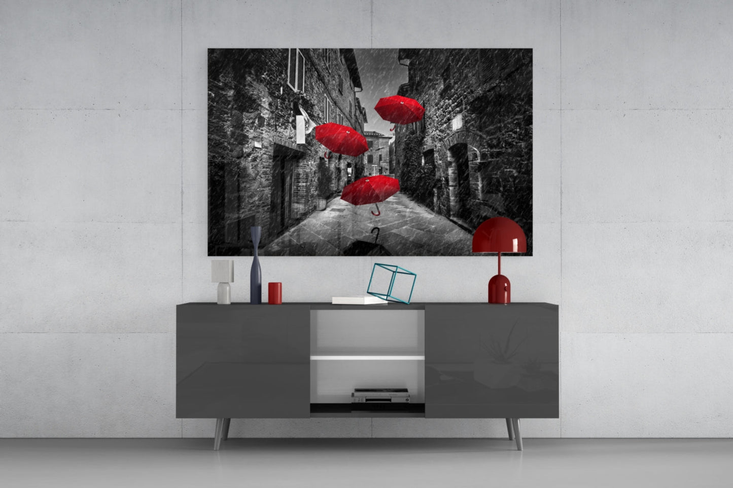 Three Red Umbrellas Rainy Alley Glass Wall Art