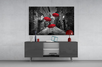 Three Red Umbrellas Rainy Alley Glass Wall Art