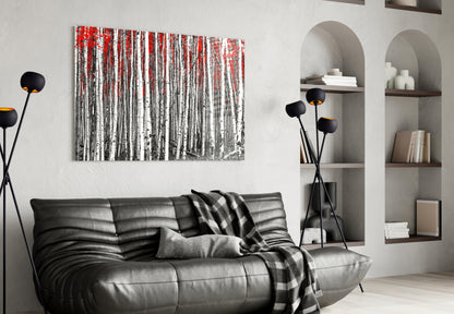 Wide Panoramic Birch Forest Red Treetops Glass Wall Art