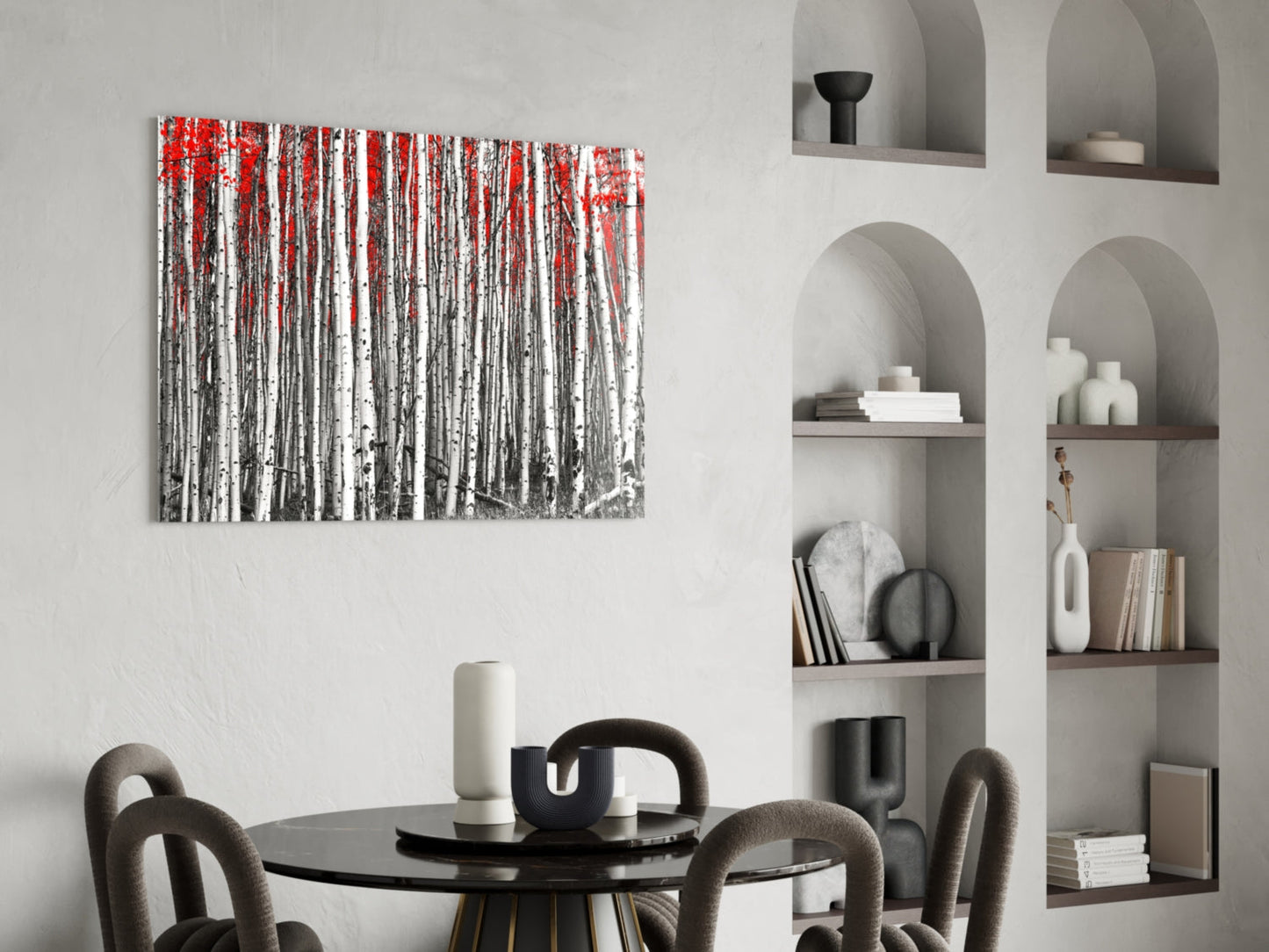 Wide Panoramic Birch Forest Red Treetops Glass Wall Art