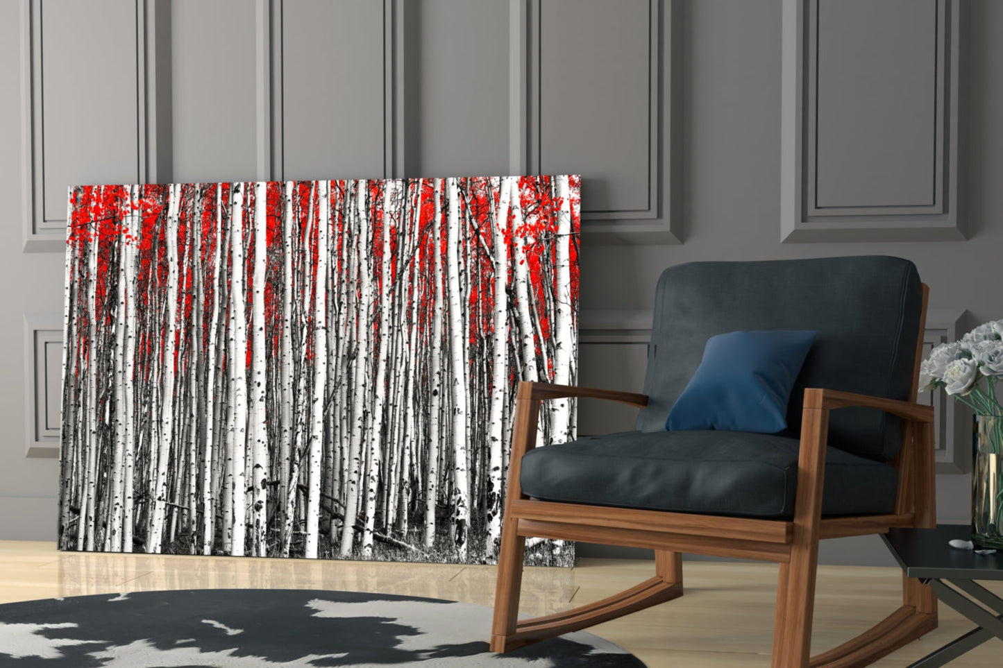 Wide Panoramic Birch Forest Red Treetops Glass Wall Art