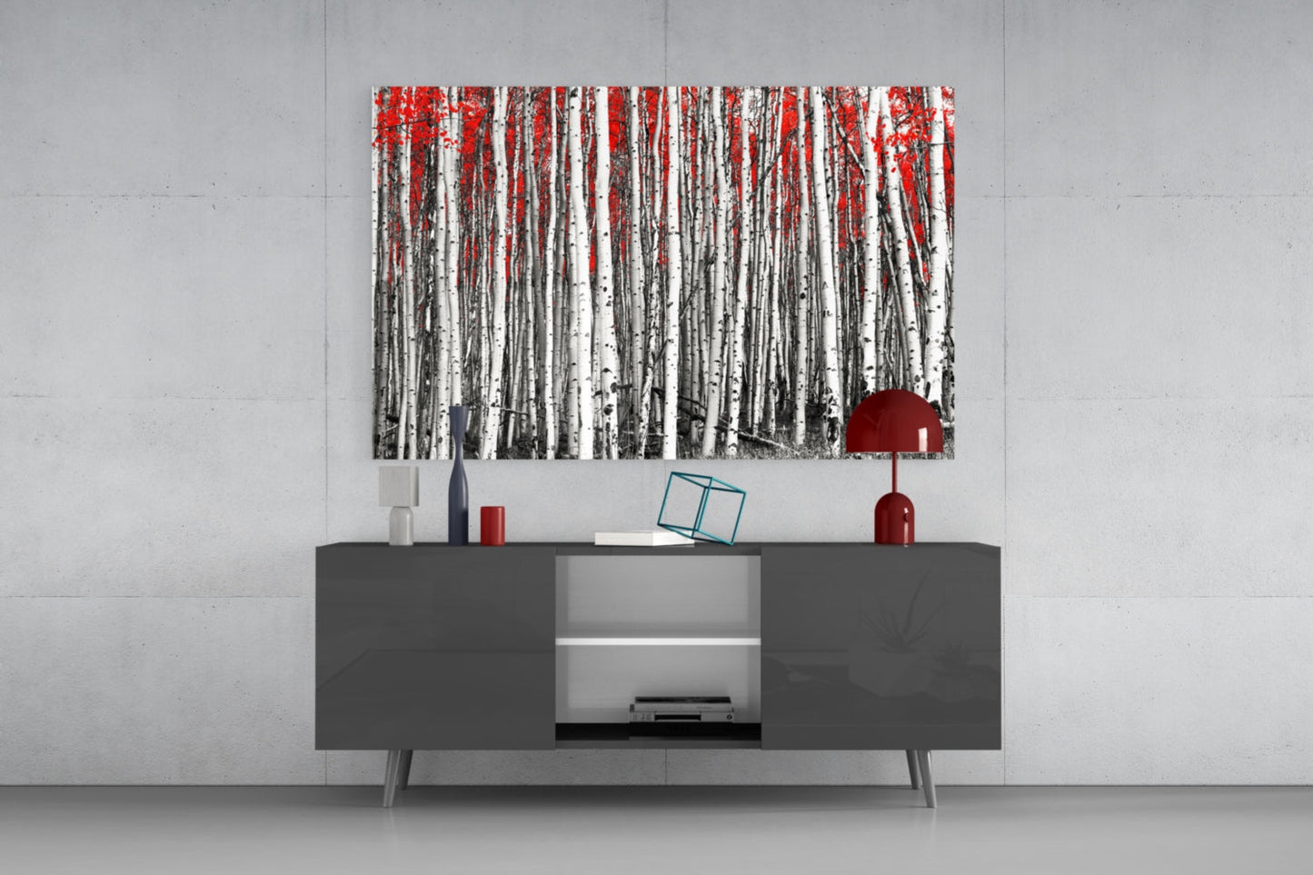 Wide Panoramic Birch Forest Red Treetops Glass Wall Art
