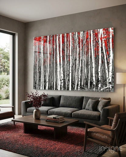 Wide Panoramic Birch Forest Red Treetops Glass Wall Art