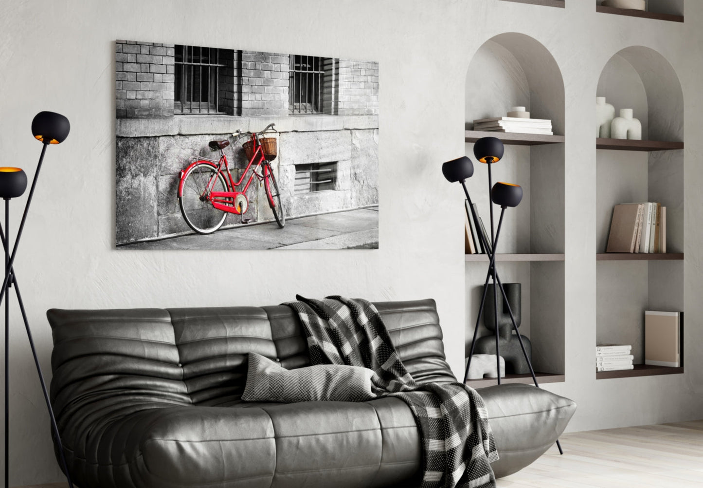 Red Bike Against Barred Window Wall Glass Wall Art